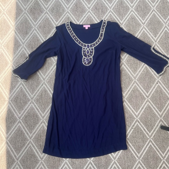 Lilly Pulitzer Sarah True Navy Beaded Embellished Tunic 3/4 Sleeve Dress. - Picture 9 of 11